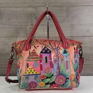 Anuschka Colorful Hand-Painted Village Tote Crossbody Bag - Red Handles New